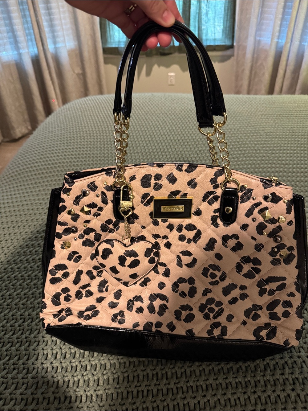 Betsy Johnson Leopard Satchel with Black Trim - Heart Charm